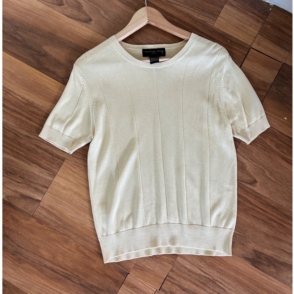 August Silk Knits Women Butter Yellow Short Sleeve 100% Silk Ribbed Sweater L
